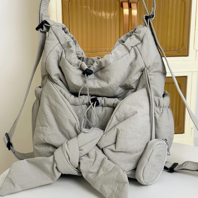 Women Shoulder Bag Large Capacity Bow Drawstring Backpack Simple Shoulder Bag Solid Color Drawstring Backpack Shopping Bag