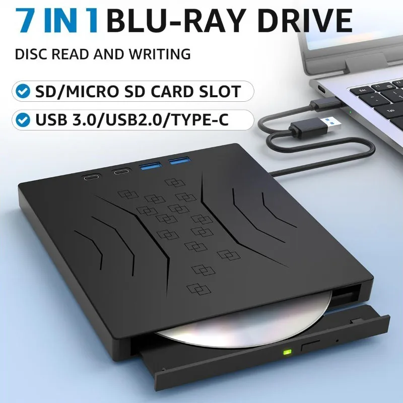 7 in 1 External Blu Ray Drive USB 3.0 Type-C Bluray/CD/DVD Drives Burner with SD/TF Port Support 50G Disc R/W For PC Laptop