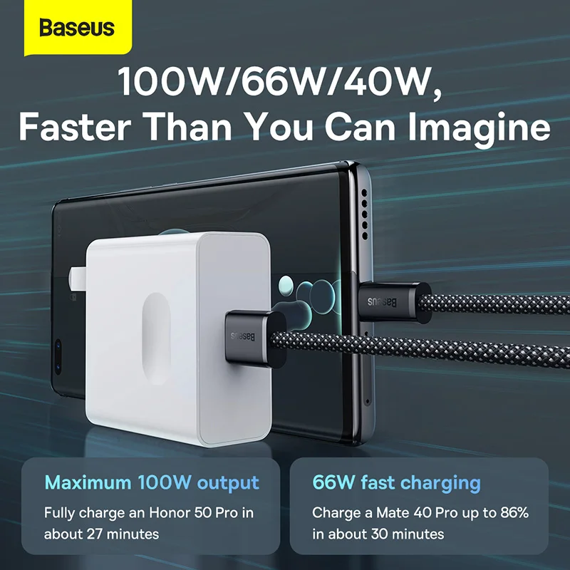 Baseus 100W szybkie ładowanie kabel USB C dla honoru 50 Pro 66W 40W typ C kabel ładowarki dla Huawei P50 P40 P30 Mate 40 Mate 30 Pro
