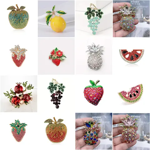 Enamel Apple Strawberry Pineapple Watermelon Grape Pomegranate Lapel Pin, Crystal Fruit Jewelry for Women Clothing Deco