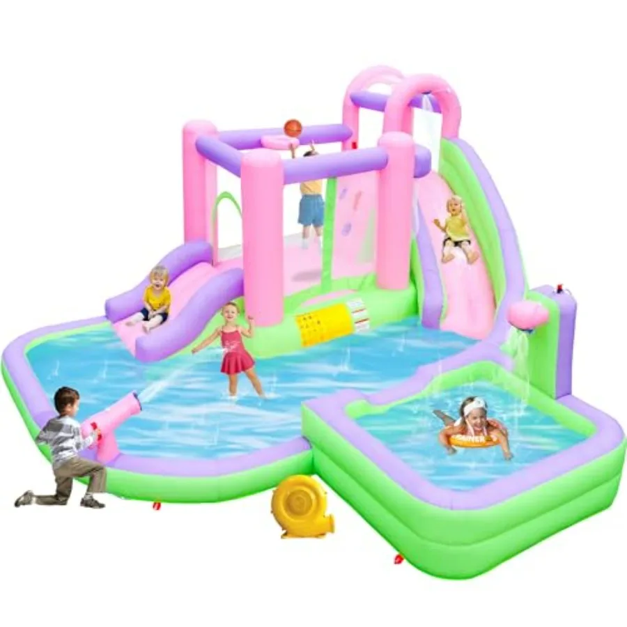 Backyard summer inflatable water slide with bounce house, PVC material, blue and yellow, includes blower, splash pools, and wat