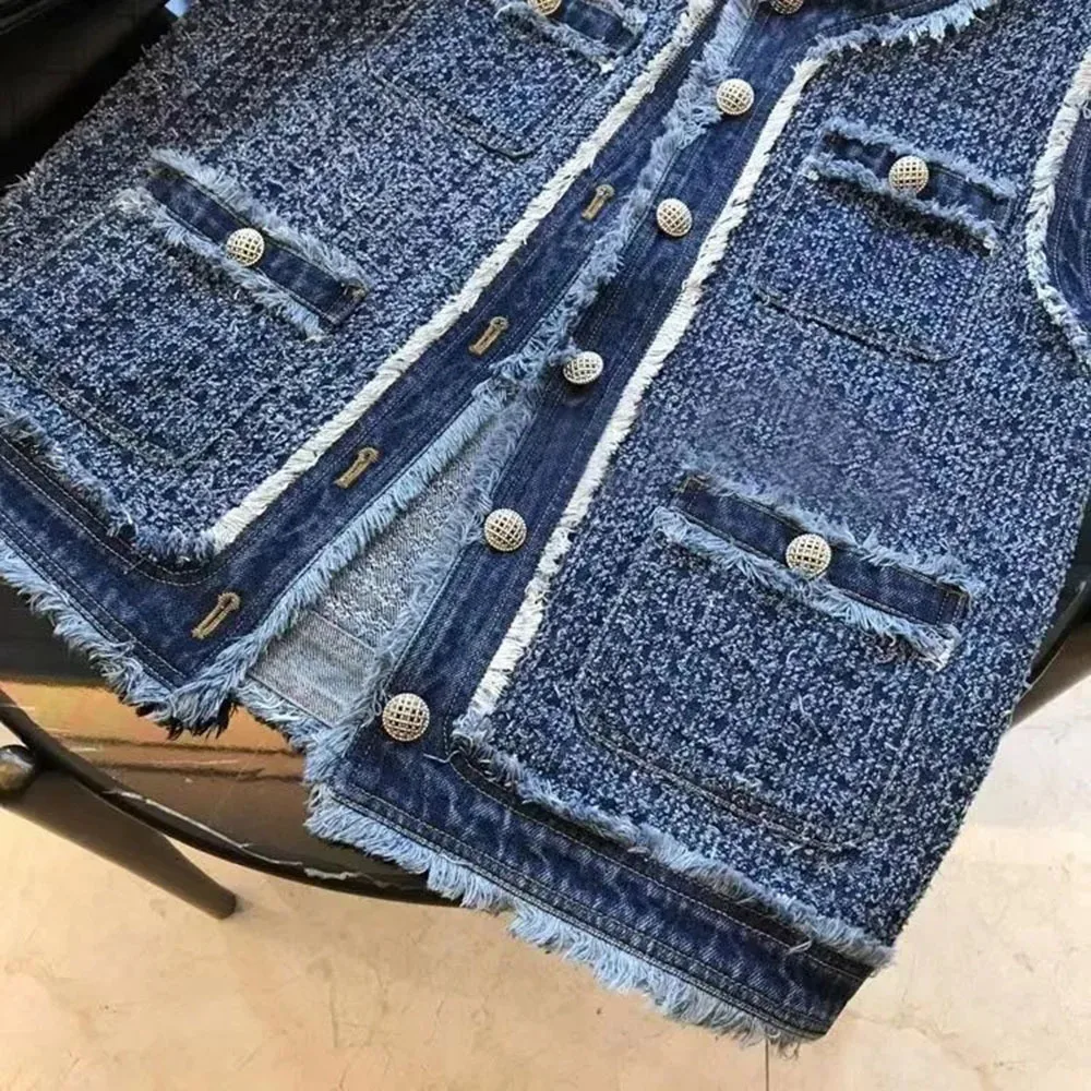 2025 NEW Spring Autumn Flow Sleeveless Tank Top Coat Women Single Breasted Plaid Denim Vest Jacket Female Tassel Elegant Lady