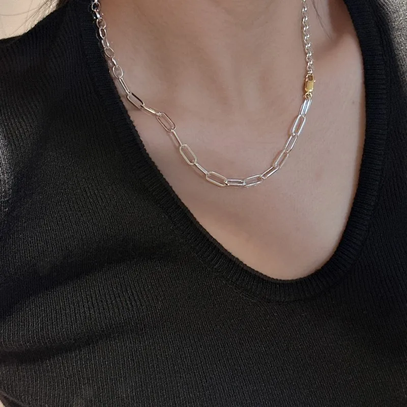 S925 Sterling Silver Niche Design Sense Gold Contrasting Color Buckle Necklace Retro INS Wind Collarbone Chain Wholesale