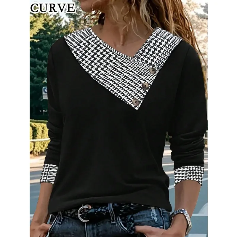 

Плюс размер, осенняя новая женская повседневная клетчатая лоскутная футболка с воротником на пуговицах и длинными рукавами, топ