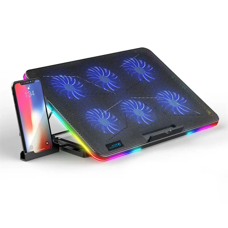 RGB Laptop Cooler For Notebook 12-15.6 Inch Six Fans Laptop Cooling Pad Adjustable Notebook Stand Two USB Port Fan Cooler Pad