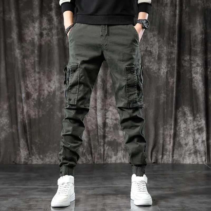Spring And Summer American Trendy Brand Men's Multi-pocket Overalls, Slim-fitting Tied Feet, Street Casual Trousers, Black Pants