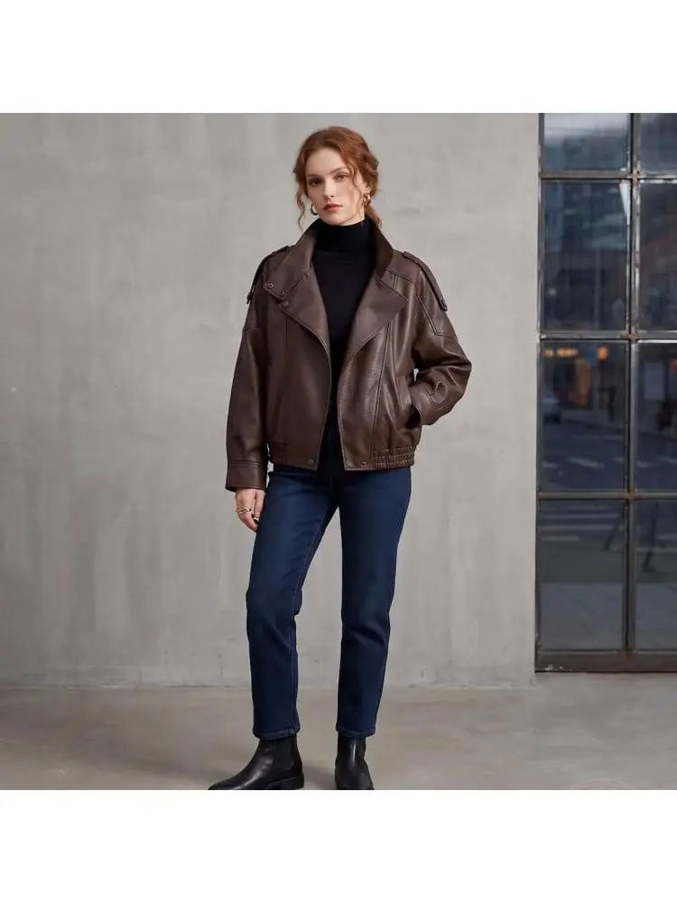 Women Oversized Short Aviator Leather Jacket Lapel Zipper Long Sleeve Biker Moto Coat Casual Streetwear Outdoor Outerwear