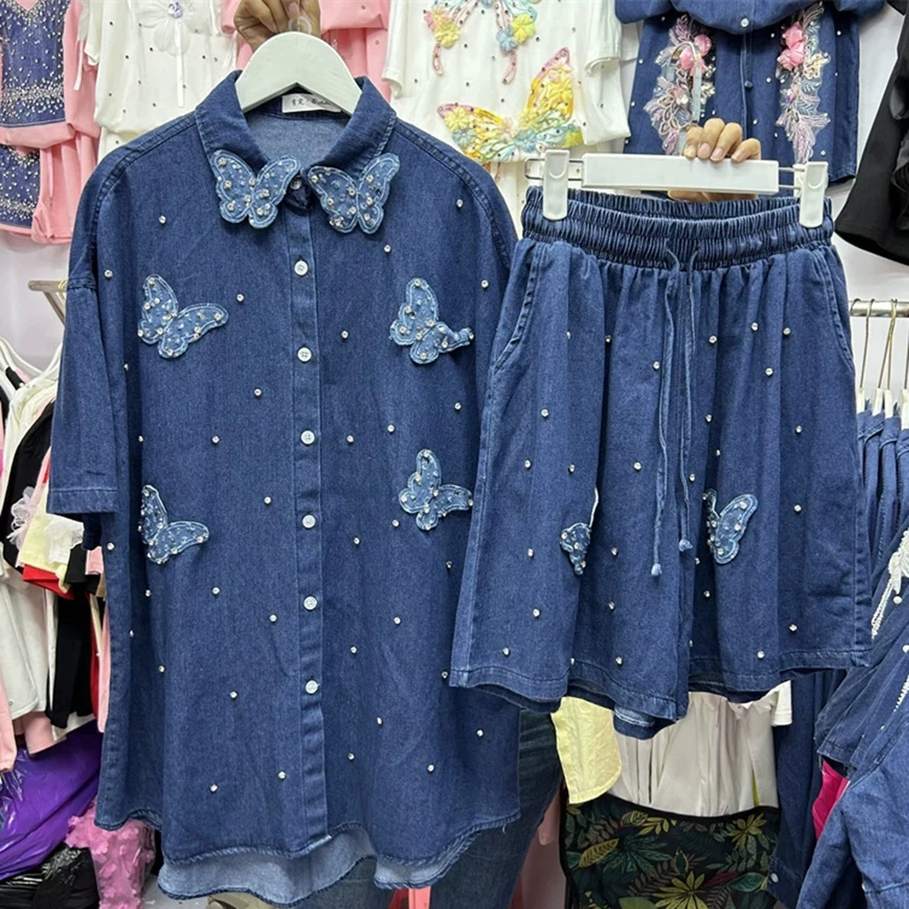 

Свободная джинсовая рубашка с бриллиантовой бабочкой + джинсовые шорты с широкими штанинами, комплект из двух предметов-GZTZ068