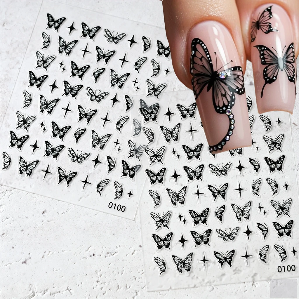 2Pcs 5D Gothic Black Butterfly Nail Stickers Embossed Starburst Hollow Butterfly Adhesive Nail Decals For DIY Manicure Nail Slid