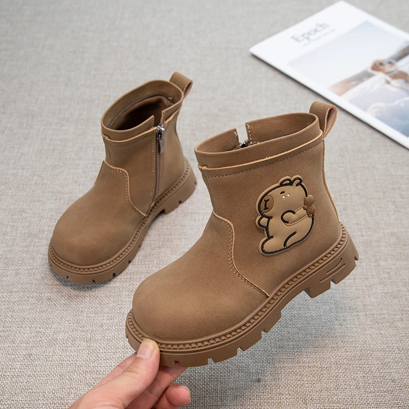 

Baby Winter Cute Cartoon Soft Zipper Round Toe Thick Sole Riding Boot Lightweight Single Popular Kids Daily School Walking Boots