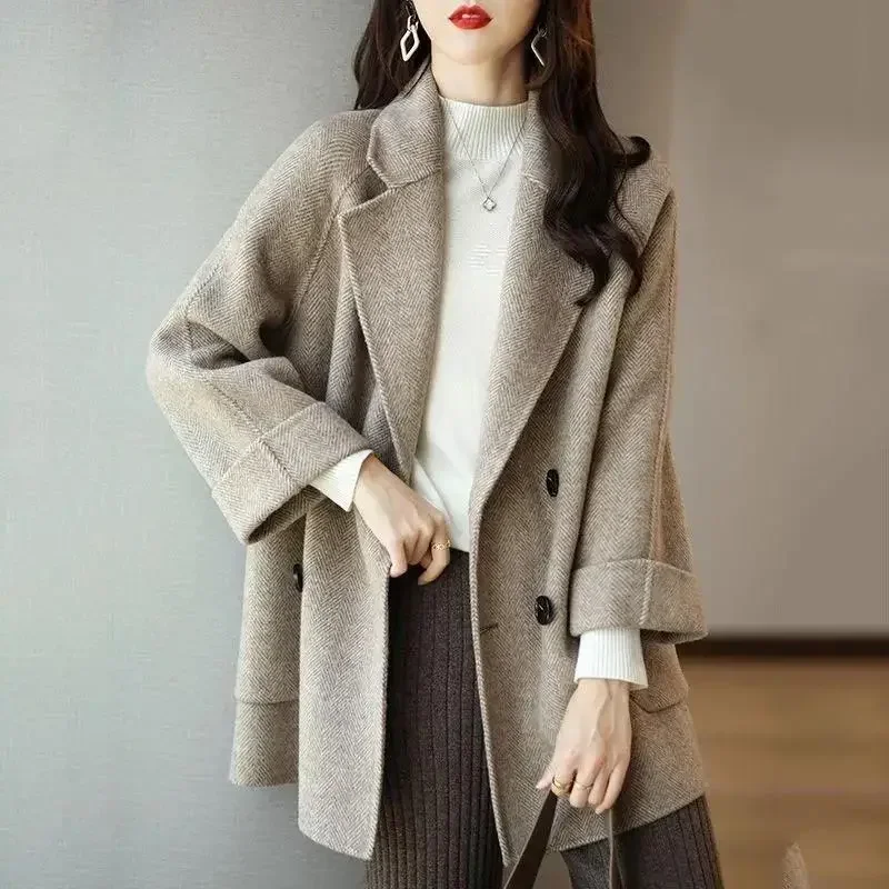 

2023 Turn Down Collar Women Splice Single Breasted Slim Fit Wool Coats Thick Full Sleeve Blends Mid Length Coat Autumn Winter