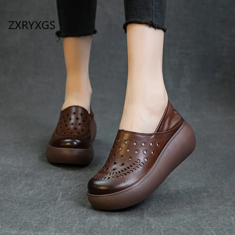 

ZXRYXGS Summer Premium Soft Cowhide Hole Hole Shoes Breathable Real Leather Sandals Platform Increase Shoes Wedges Sandals 2026