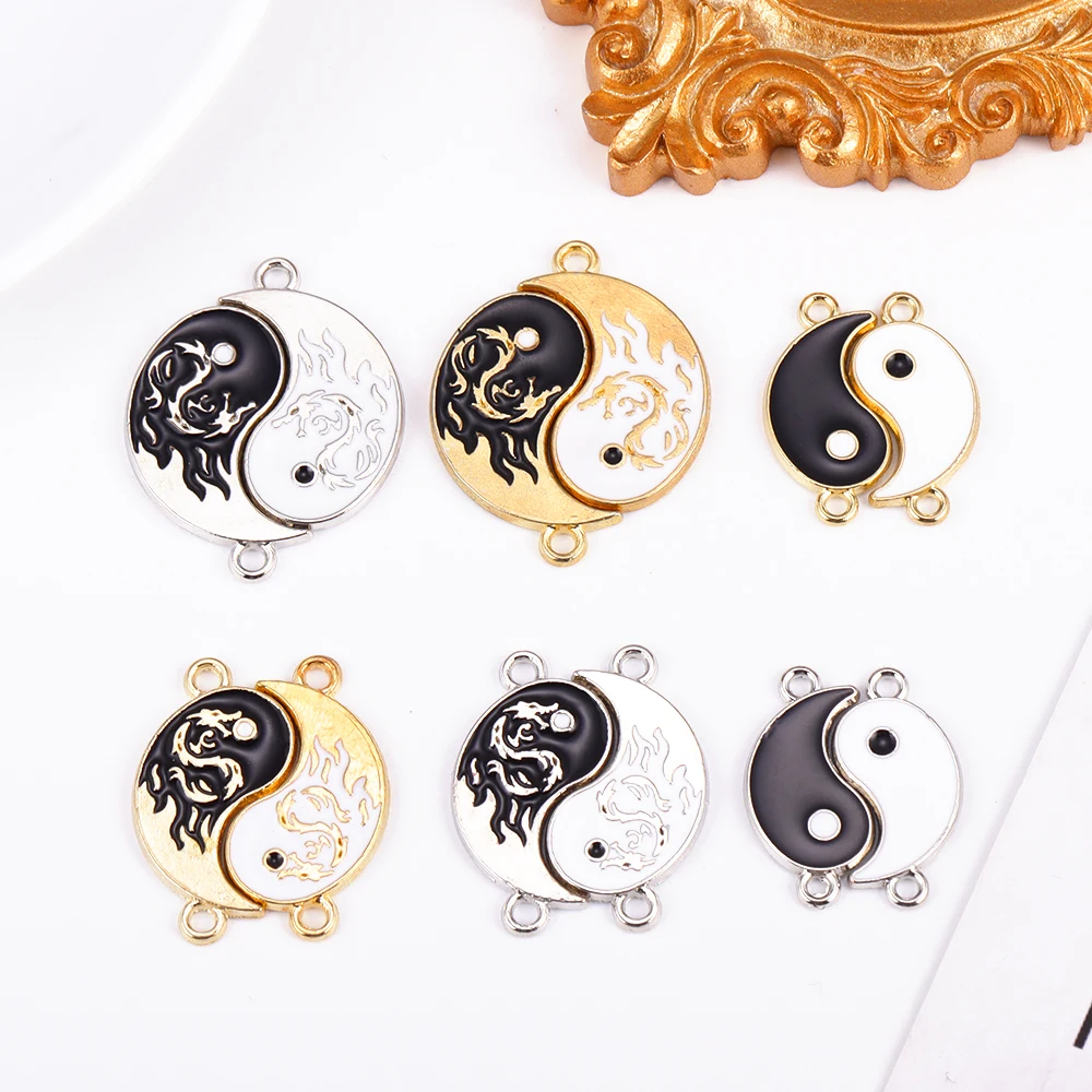 10Pcs 30*24MM Enamel Yin Yang Symbol Pendant Gossip Tai Chi Art Pattern Key Chain Necklace for Men's Jewelry Making Accessories