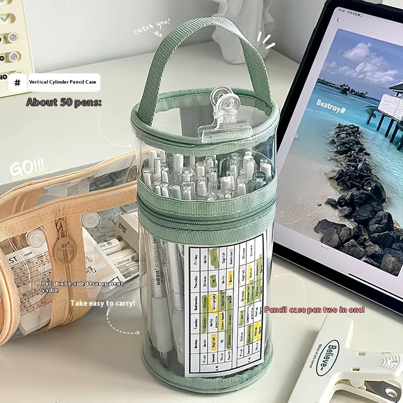 Cylinder Pencil Bag Plus Lanyard Desktop Pen Holder Mesh Yarn Student Transparent Large-capacity Waterproof Stationery Box