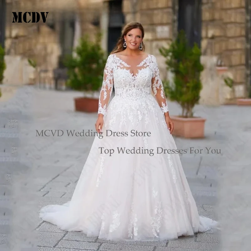 

MCDV Luxury Plus Size Wedding Dresses Long Sleeve Applique Scoop Neck Customized Bridal Gown For Bride 2024 New Style