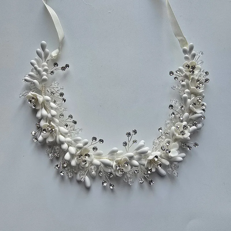 Slbridal artesanal flexível macio strass cristais cerâmica flor nupcial tiara bandana coroa de casamento feminino jóias
