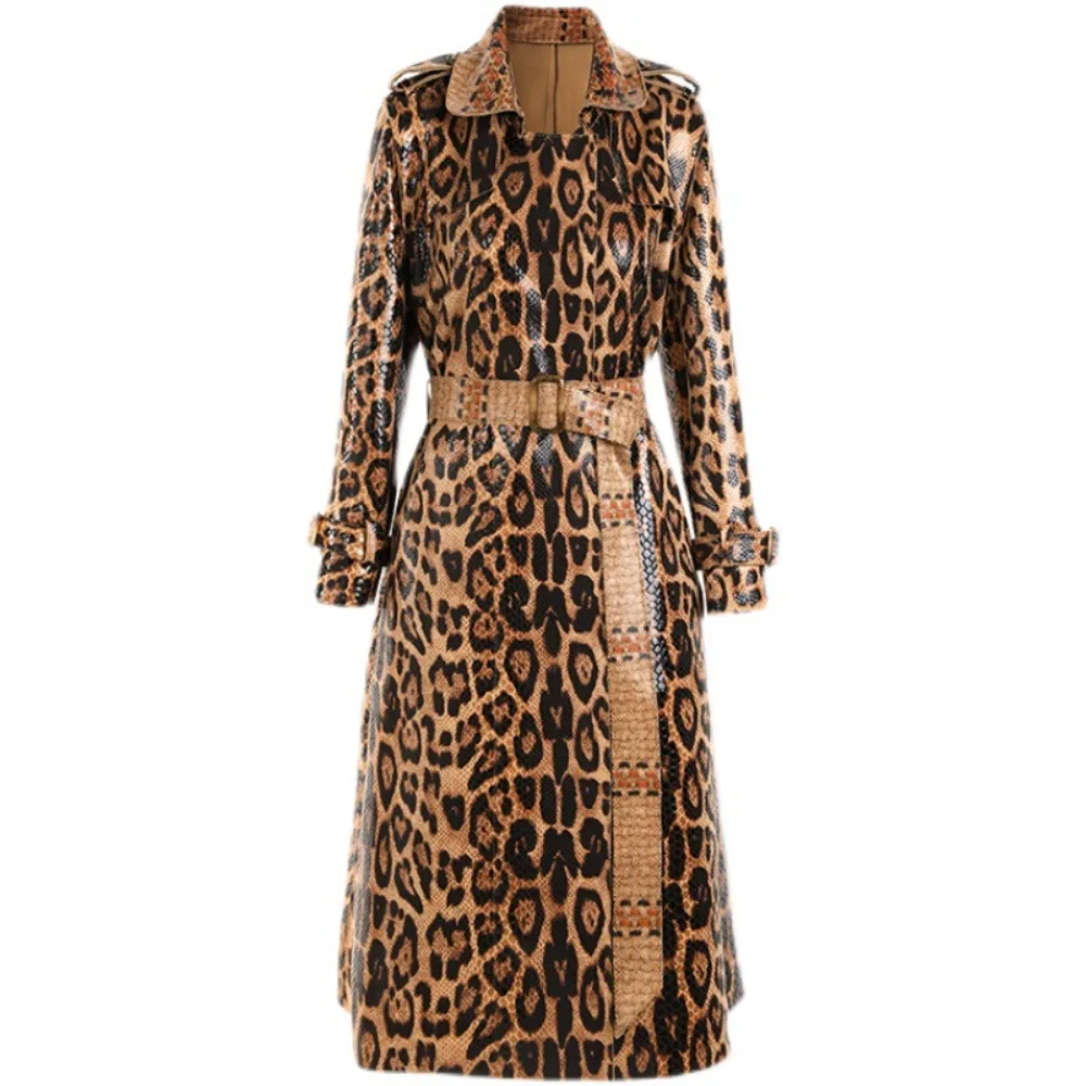 

2025 Spring Autumn Snake Print Long Trench Coat Women Long Sleeve Leather Jacket Dress