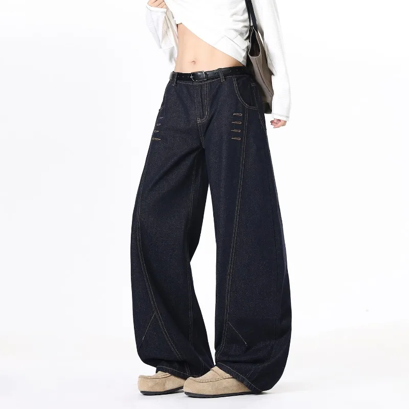 OIQERE Mens Heavyweight Washed Button Front Curved Blade Jeans Unique Design Loose Wide Floor Length Denim Long Pants