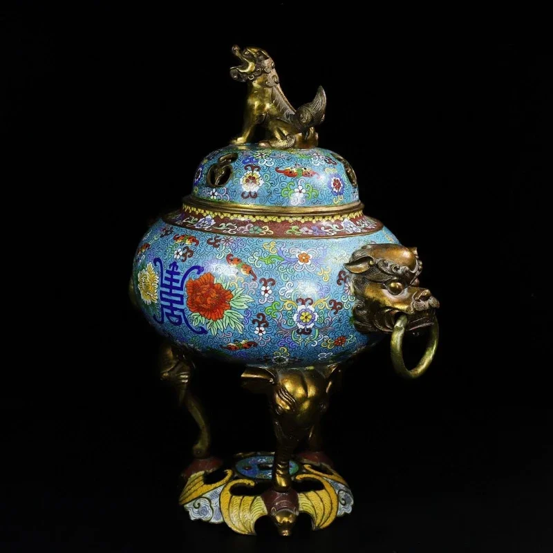 Copper tire filigree enamel double beast head hanging ring Shouzi incense burner, length 46 width 32 height 56 weight 15100
