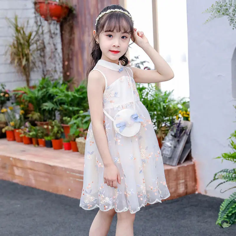 Girls Casual Dresses Summer Clothes Hanfu Fashion Children\'s Vintage Net Yarn Dress Kids Girls for School Wedding of 2-12 Years