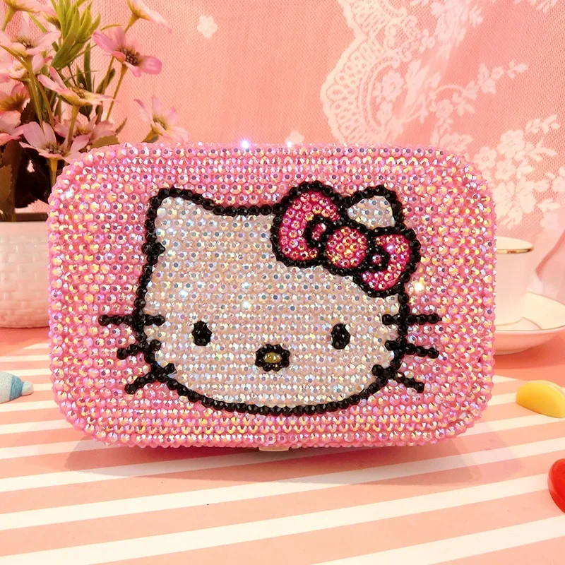 Kawaii Sanrio Cartoon Hello Kitty Jewelry Box Sticking Diamond Cute High-Quality Jewelry Case Necklace Storage Box for Girl Gift