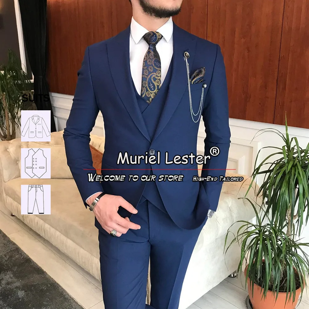 Groom Wear Wedding Suits Formal Party Tuxedo Navy Blue Jacket Plus Size 3 Pieces Boyfriend Marriage Blazer Vest Pants Male Dress