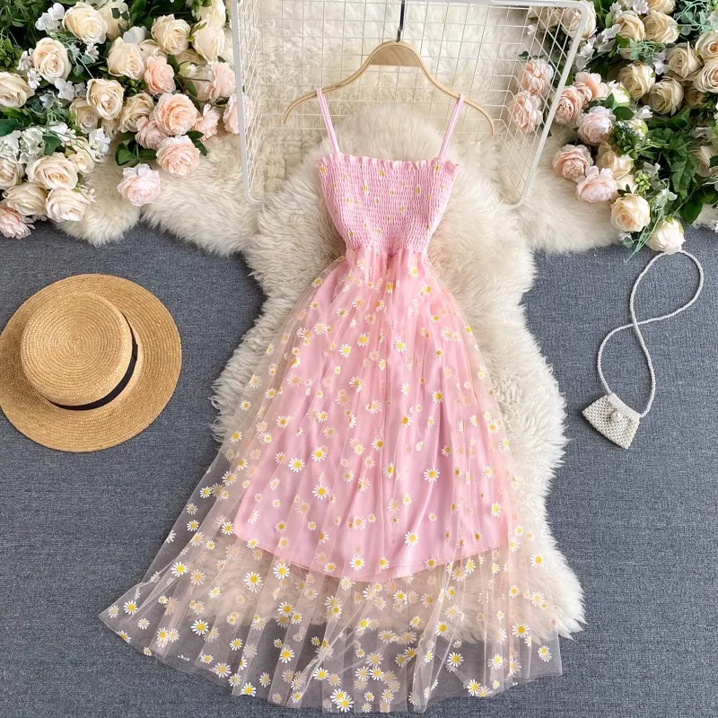 YuooMuoo Women Dress 2024 New Korean Fashion Floral Print Spaghetti Straps Mesh Party Dress Vacation Style Lady Beach Vestidos