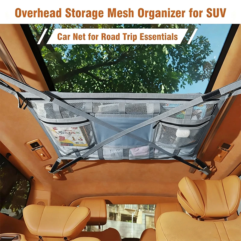 Car Ceiling Cargo Net 31.5x21.6 Inch Double Layer Roof Mesh Storage Organizer For Camping Overlanding Road Trip