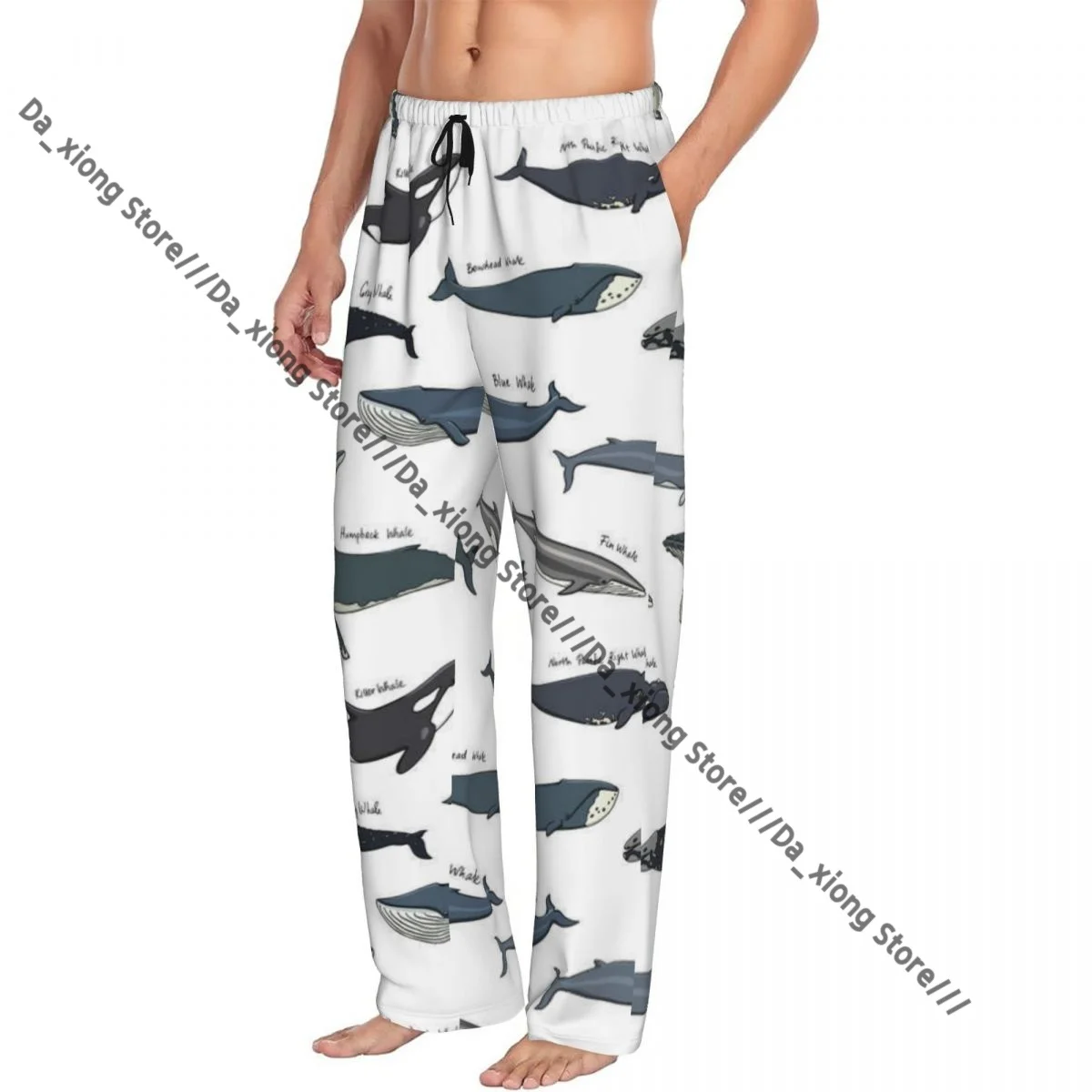 Mens Casual Pajama Long Pant Loose Elastic Waistband Hand Drawn Whale Pattern Cozy Sleepwear Home Lounge Pants