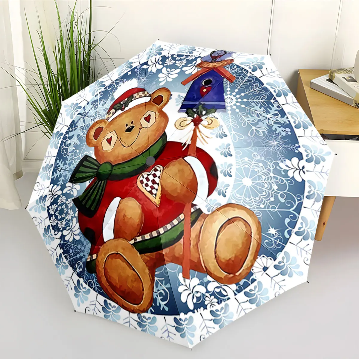 Cute Teddy Bear Winter Design Umbrella with Snowflakes portable waterproof sun rain umbrella for outdoor travel beach