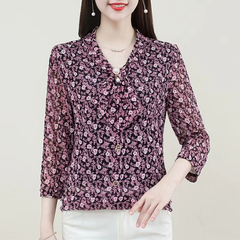 Women\'s Clothing Korean Fashion Print Beaded Bow Elegant Blouses 2023 Summer Half Sleeve Thin Shirts Ladies Slim Chic Tops Blusa