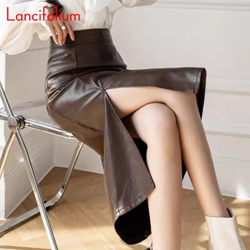 Elegant Side Split PU Skirts Spring Fall 2024 Women Pencil Office Alina Harajuku OL Black High Waist Bodycon MIDI Leather Skirt