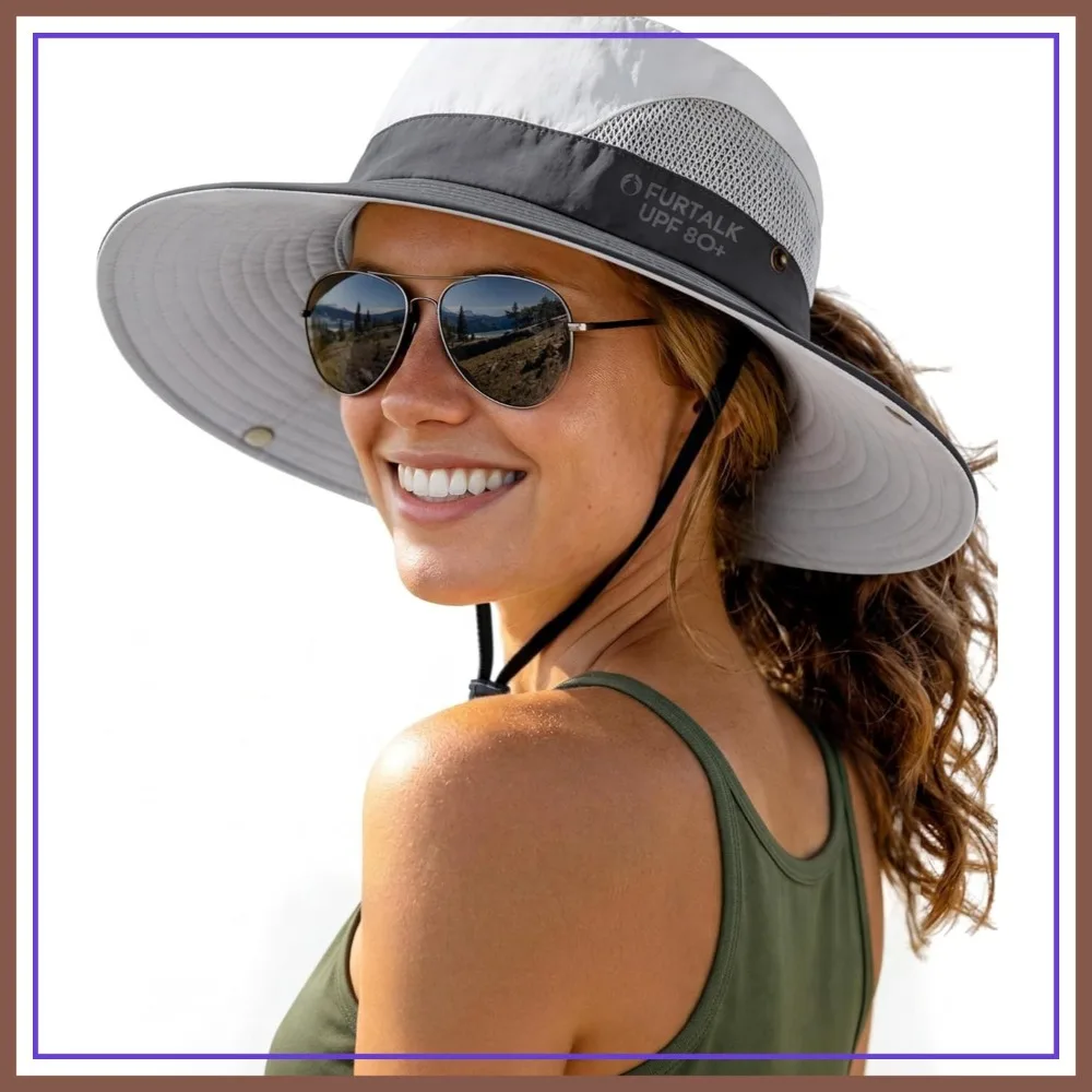 

Womens Sun Hat with Ponytail Hole Beach Hiking Summer Wide Brim UPF 80+ Outdoor Protection Foldable Bucket Hat