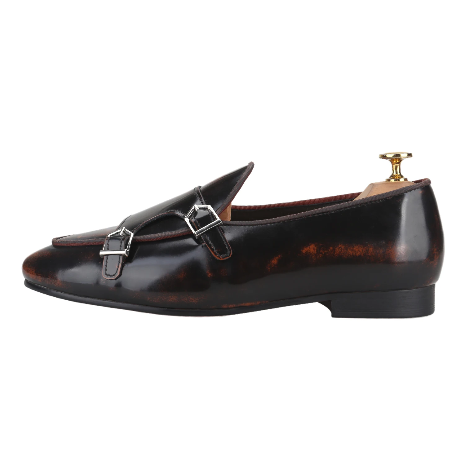 Piergitar Italian Classic Style Hand-Polished Brown Leather Doubel Monk Men Shoes Wedding Or Party Formal Wear Belgian Loafers