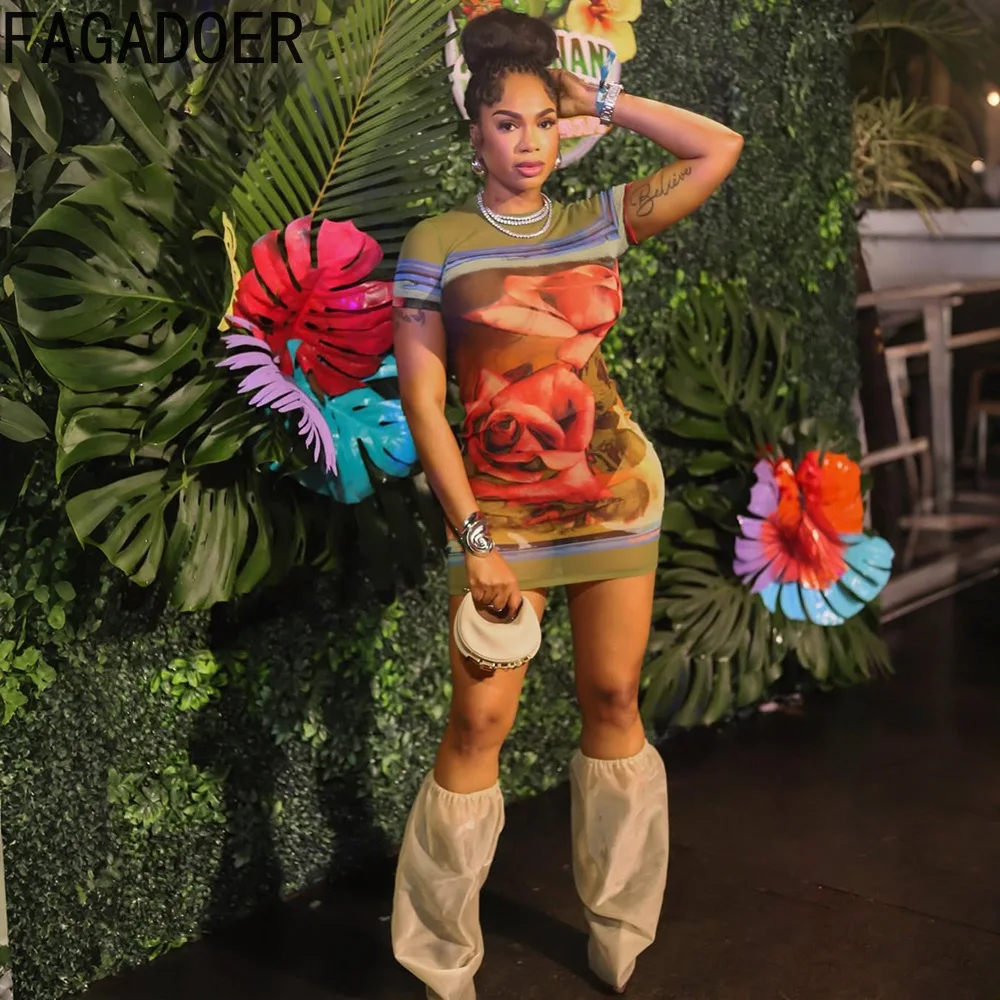 فستان FAGADOER مثير بطباعة نمط صغير فستان نسائي شبكي شفاف بأكمام قصيرة فساتين نسائية صيف 2025 جديد