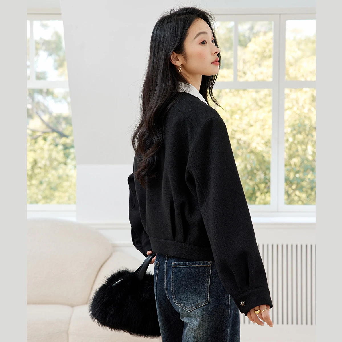 VIMLY Schwarze Jacke für Damen, 2025, Herbst-Safari-Stil, Rundhalsausschnitt, lange Ärmel, Damenmäntel, elegant, lose Knöpfe, weibliche Oberbekleidung M8795