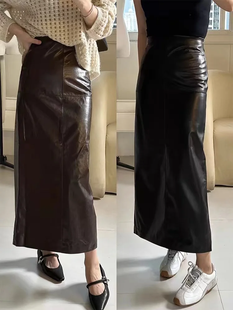 85 cm Długa skórzana spódnica do kostek dla kobiet 100% skórzane proste spódnice Femme Casual Back Split Maxi Jupes Odzież zimowa