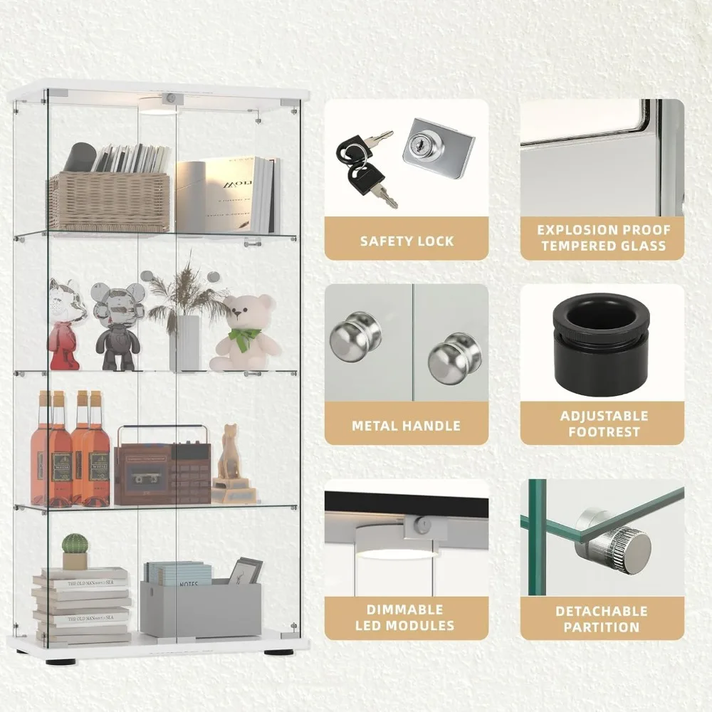 LED Illuminated Lockable 4-Shelf 2-Door Glass Display Cabinet with Tempered Glass Floors