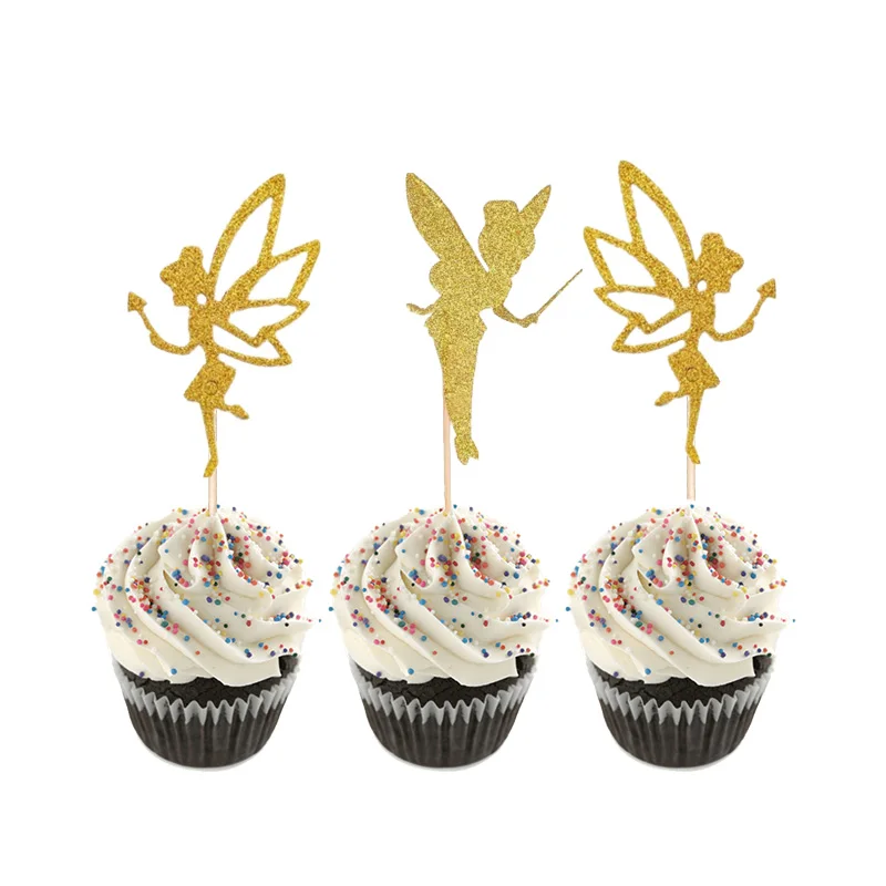 48/24Pcs Gold Giitter Fairy Cupcake Toppers Tinkerbell Cupcake Picks Fairy Themed Party Supplies Cake Decorating Baby Shower