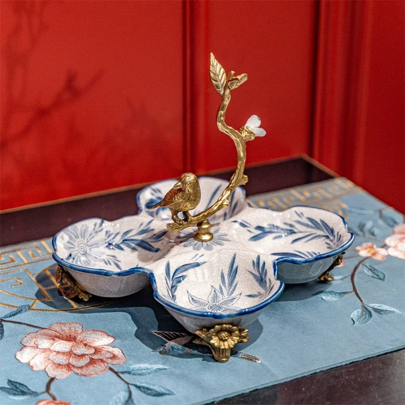 European Ceramic Divided Serving Tray Plate With Brass Bird Decor Handle Blue And White Porcelain Fruit Candy Snacks Bowl Luxury