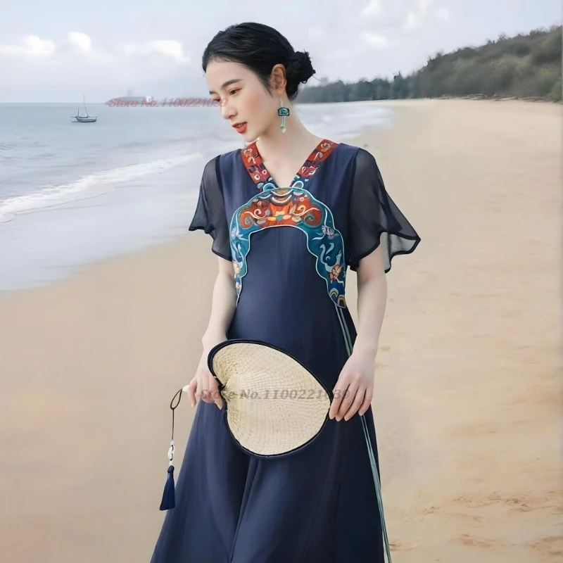 

2025 chinese traditional fairy dress hanfu national flower embroidery chiffon dress elegant folk dress stage performence wear