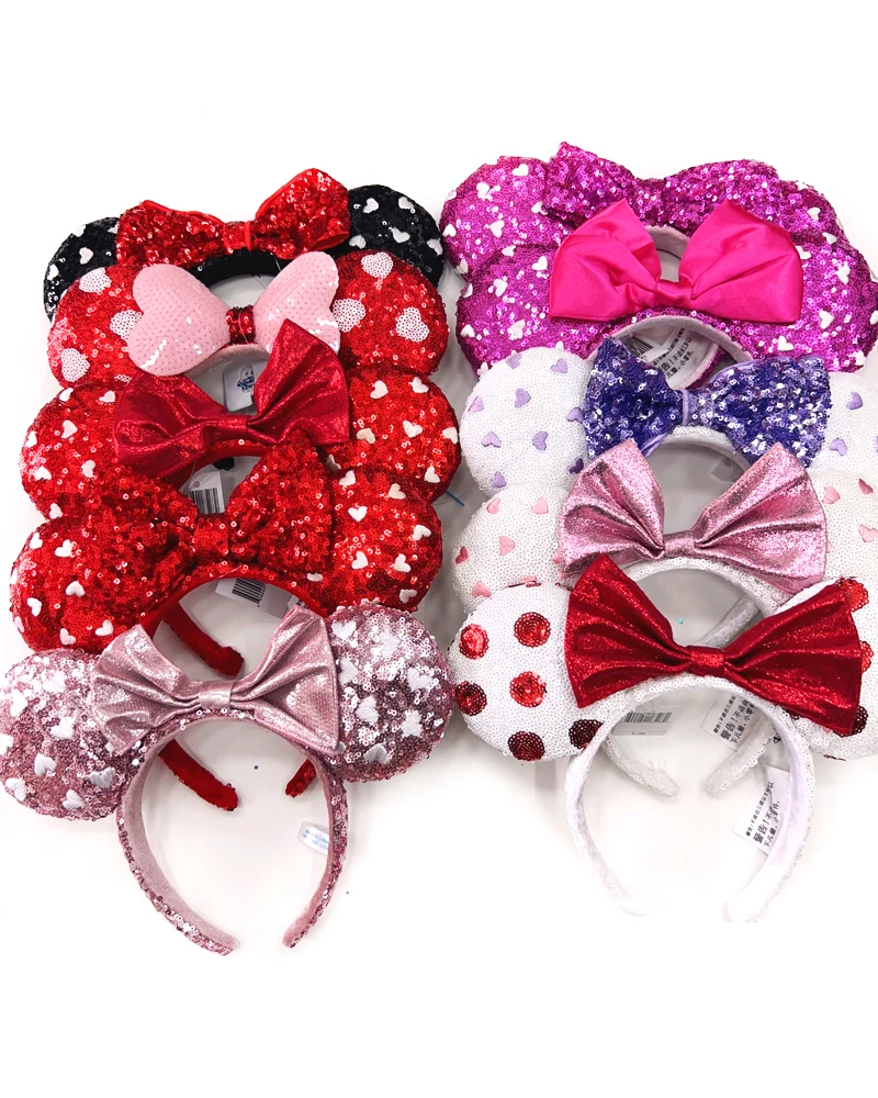 Disney Mickey Mouse Ear Headband Pink White Loving Heart For Adults Sequins Bow Headband Minnie Park Accessories Headwear