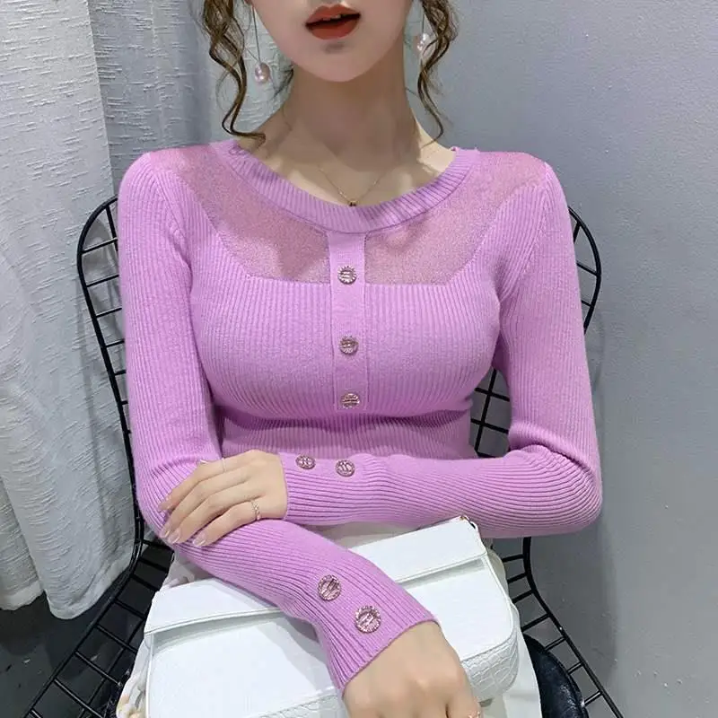 Korean Simplicity Commute Design Gauze Net Montage Button Solid Color Insert Graceful Lace Capable Women\'s Sweater Autumn 2024