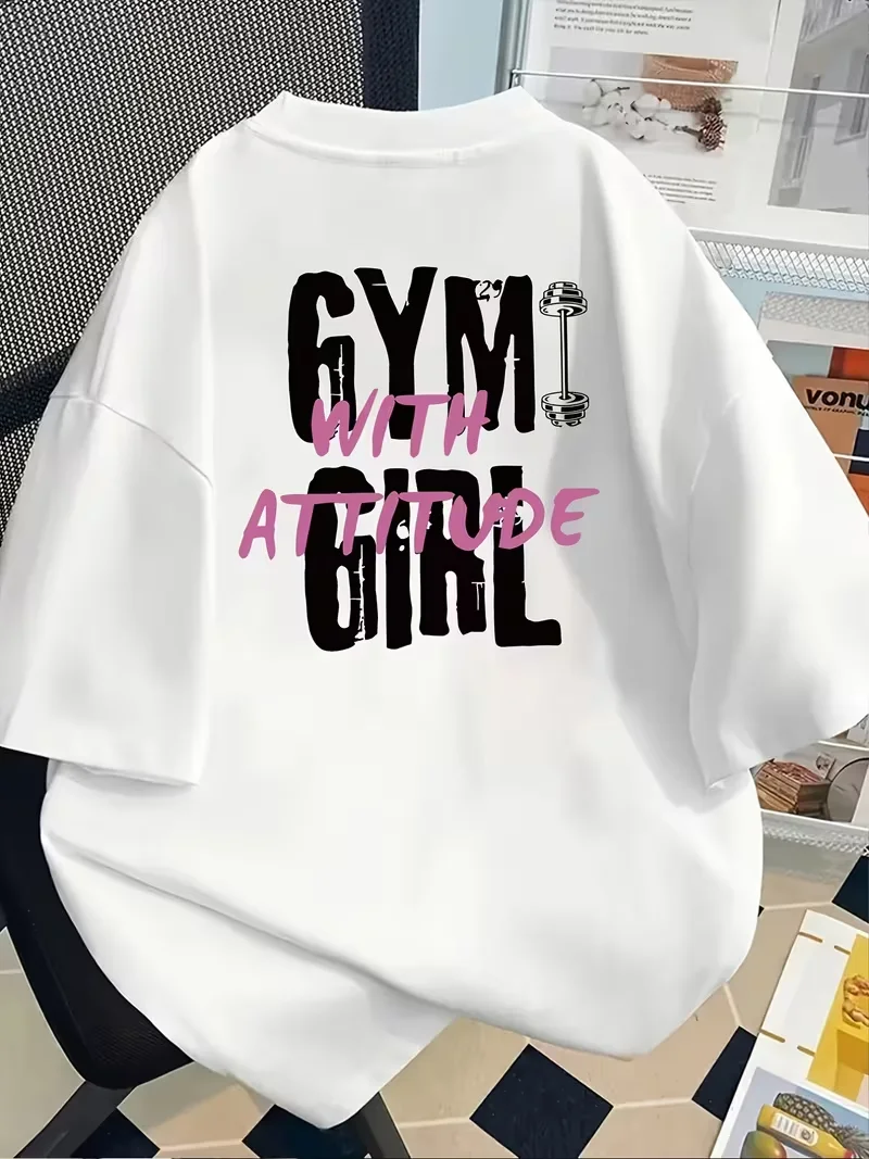 Herren Damen Gym with Attitude Grafik-T-Shirt Schwarz Lässiges T-Shirt mit rosa-weißem Buchstabendruck Kurzarm Rundhalsausschnitt