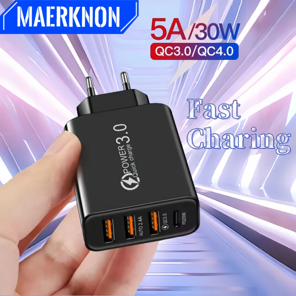 

4 Ports 30W USB Fast Charging Charger Plug Cellphone Type C QC 3.0 Wall Adapter For Samsung iPhone Xiaomi Huawei Travel Charger