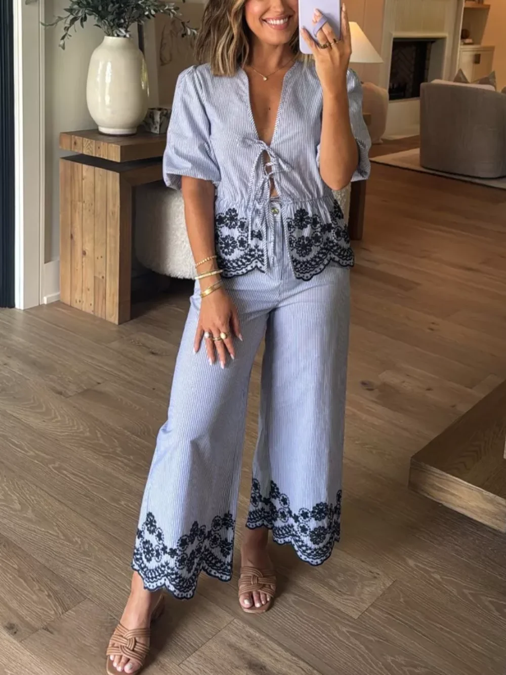 

Casual women's retro striped suit embroidered lace-up puff sleeve V-neck top long wide-leg pants fashionable summer suit