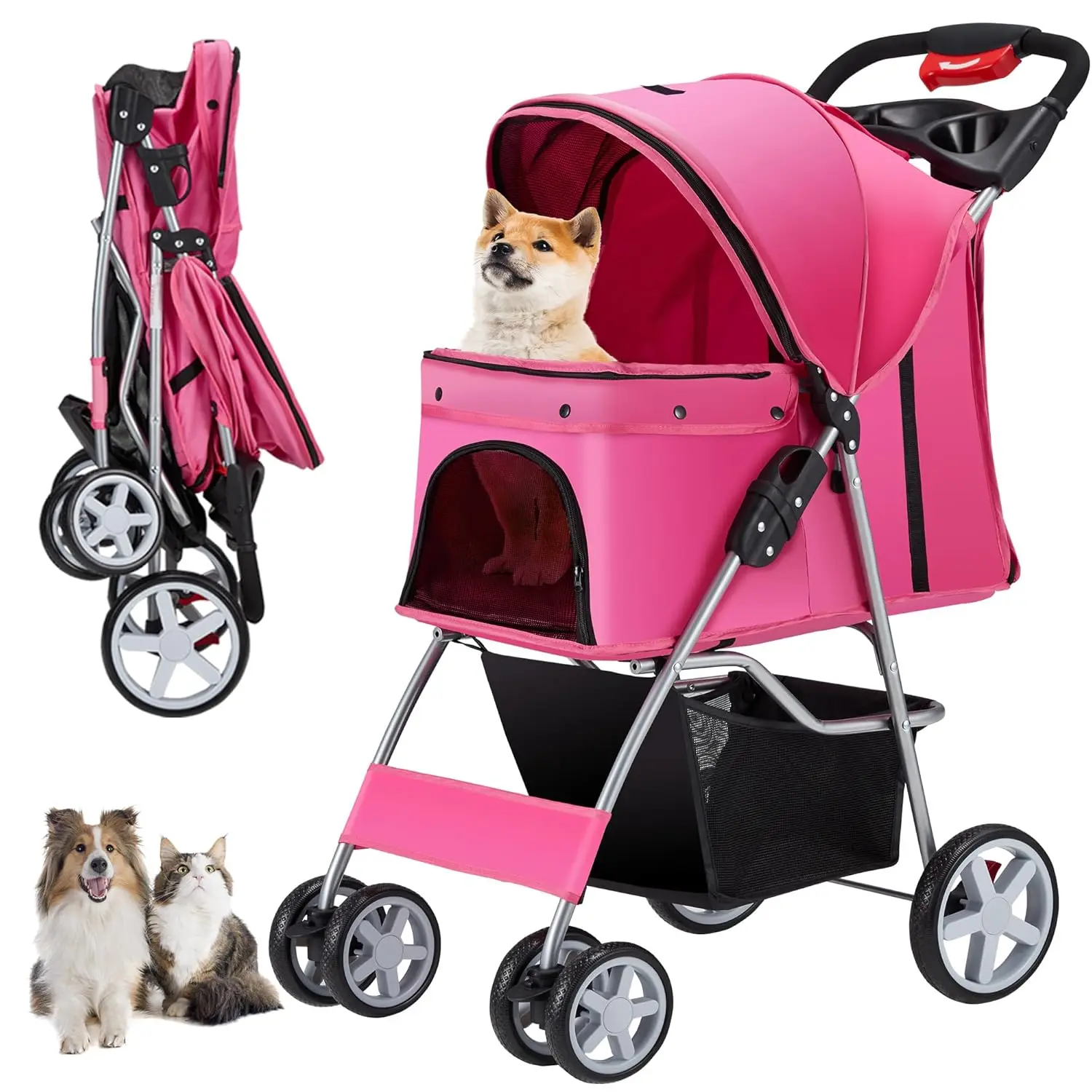

Foldable Pet Stroller for Small Dogs & Cats Up to 33 lbs, Pink with Cup Holder & Storage Basket