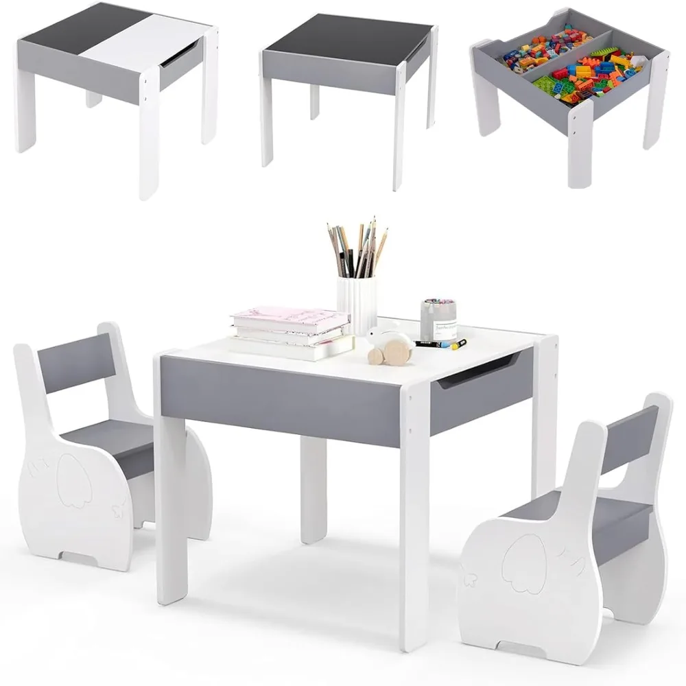

Kids Table and Chair Set, 4 in 1 Wooden Activity Table & 2 Chairs with Detachable Blackboard for Arts, Crafts, Drawing, Reading