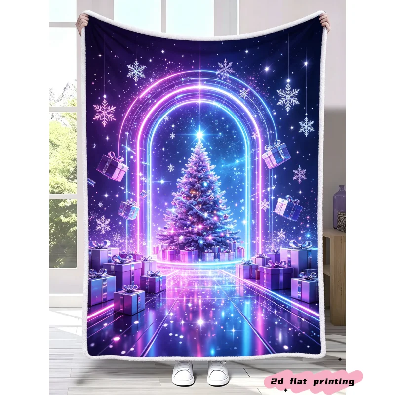 Fantasy Christmas Throw Blanket Neon Glow Arch Christmas Tree Gift Snowflake Sparkling Starry Festive Stylish Pattern  Blanket