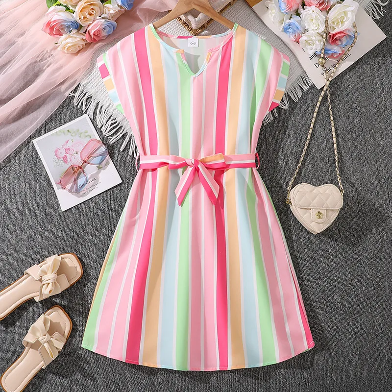 

2025 New Arrival Girls Short Sleeve V Neck Striped Sashes Pink Menina Cute Holiday Night Party Princess Dress Custume 8-12T